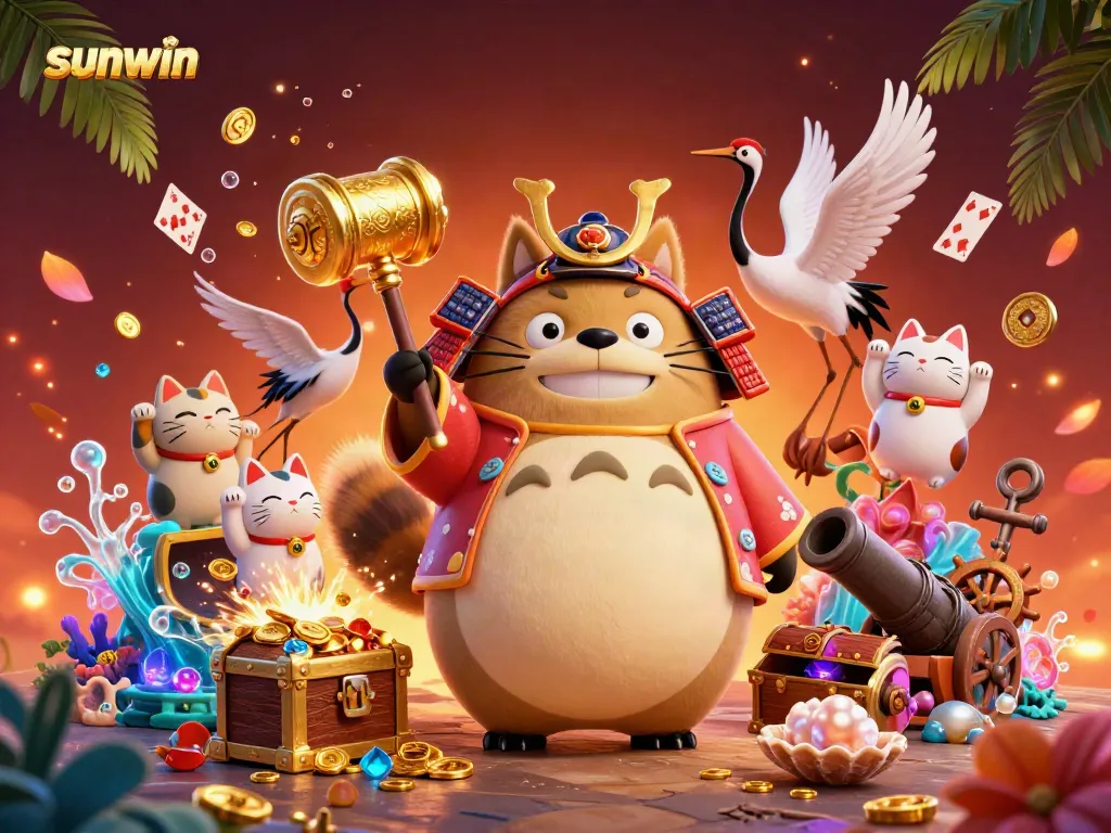 Experience the thrill of winning at sunwin with a cheerful tanuki, lucky mallet, and vibrant casino elements!