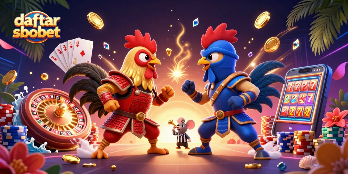 Place your bets with daftar sbobet in this dramatic fighting rooster showdown illustration featuring vibrant casino elements.