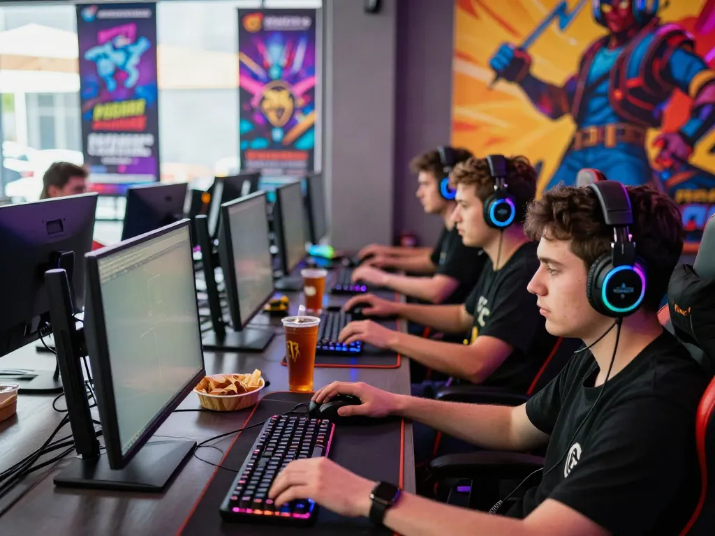 Engaging akunjp gaming environment with diverse players immersed in high-tech setups.