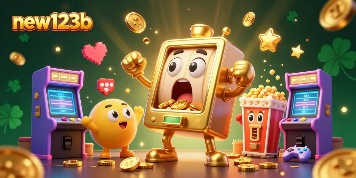 Experience the thrill at new123b with our cartoon slot character celebrating a jackpot!