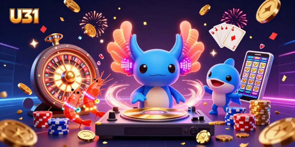 Engage with U31 casino games, featuring a vibrant axolotl DJ and sparkling gaming elements.