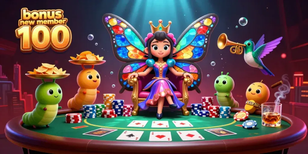 Engage with casino excitement through the bonus new member 100 promotion featuring a colorful butterfly queen and vibrant poker scene.