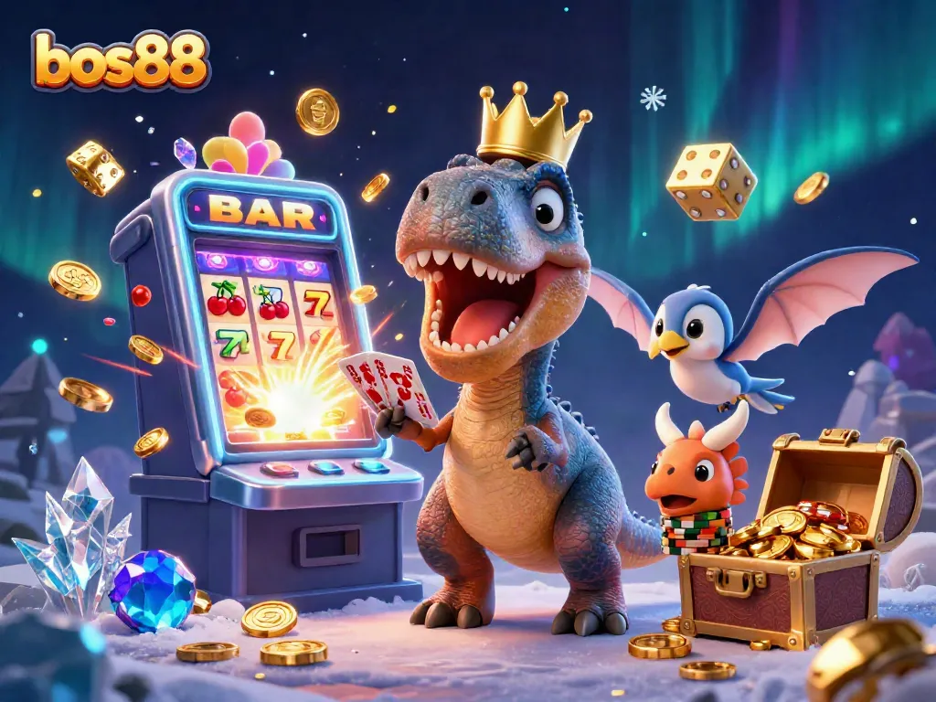 Bos88 jackpot scene with playful T-Rex and friends amidst exploding casino elements and treasures.