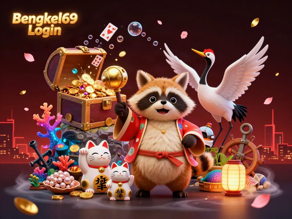 Experience the excitement of gambling with Bengkel69 Login featuring characters and treasures in 3D.