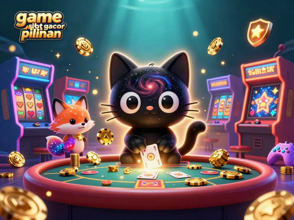 Menghadirkan game slot gacor pilihan, kucing hitam berputar di meja kasino kosmik menarik chip emas dan kartu untuk kemenangan besar.