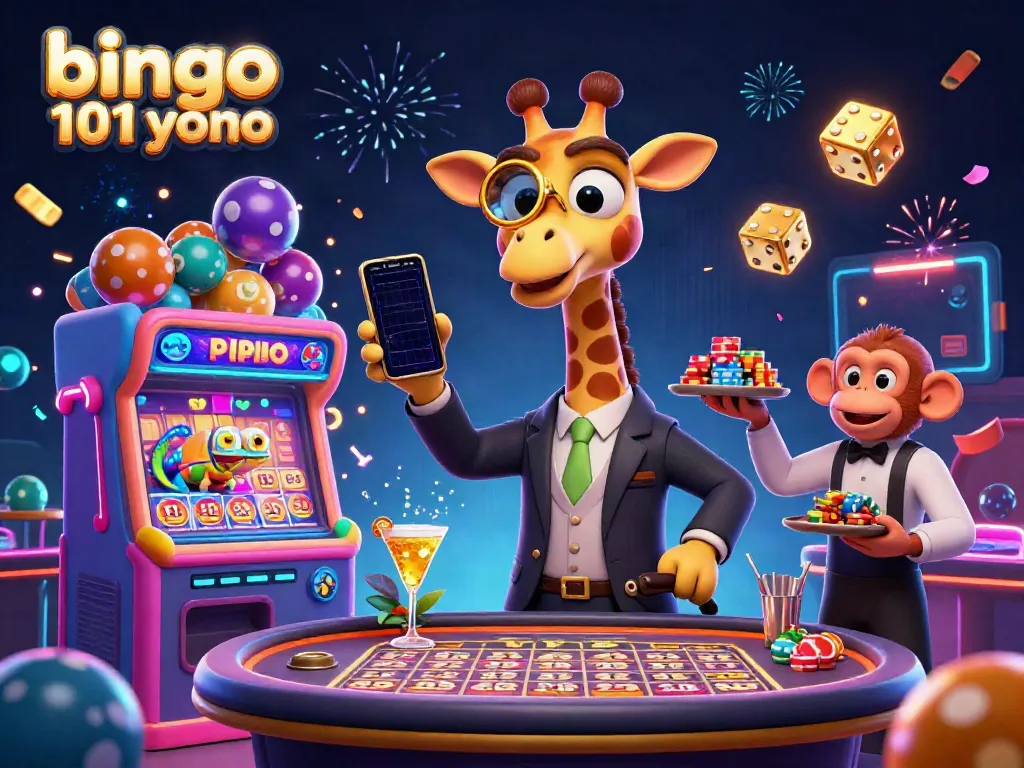 Bingo 101 Yono scene with a giraffe at a bingo table, showcasing dynamic bingo games.