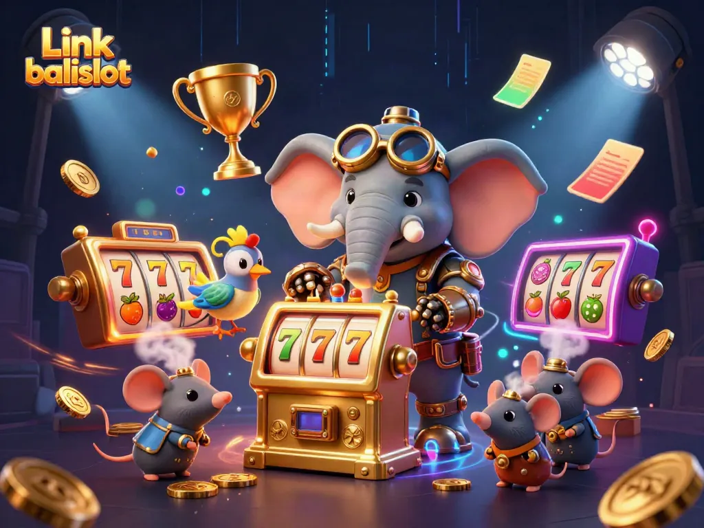 Engage with Link balislot through an exciting 3D casino scene featuring a steampunk elephant engineer at a golden slot machine.