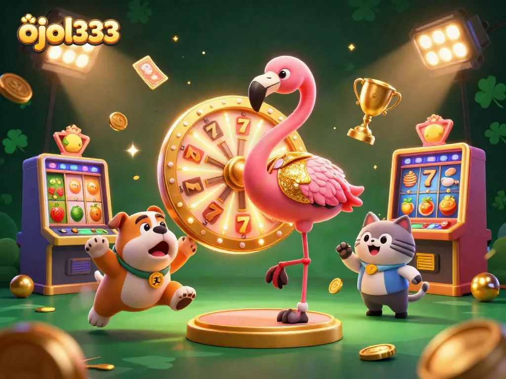 Spin the ojol333 prize wheel with excitement and dynamic casino elements in a vibrant scene.