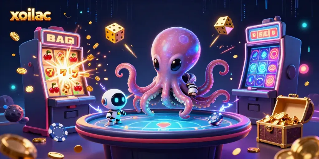 Xoilac alien octopus deals cards at a floating poker table, vibrant casino scene.