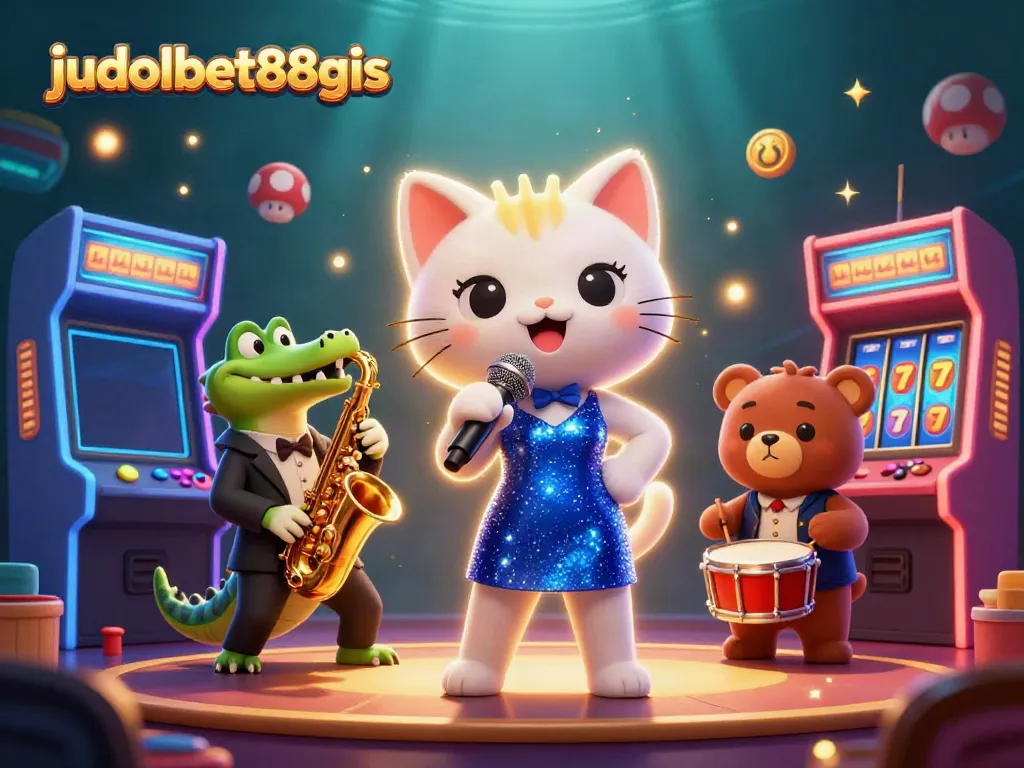 Join the fun at judolbet88gis with a lively 3D casino scene featuring cartoon characters and slot machines.