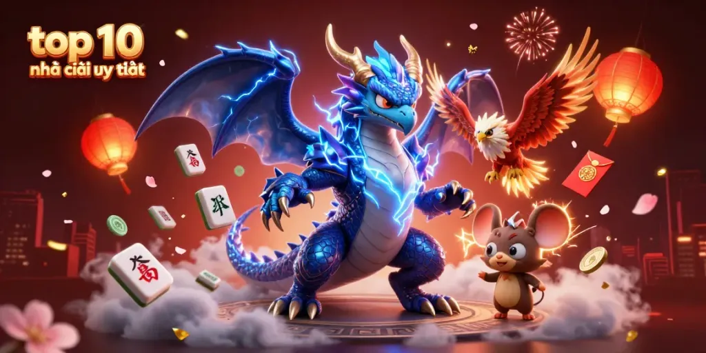 Engage with top 10 nhà cái uy tín in a vibrant casino-themed illustration featuring dynamic characters and game elements.