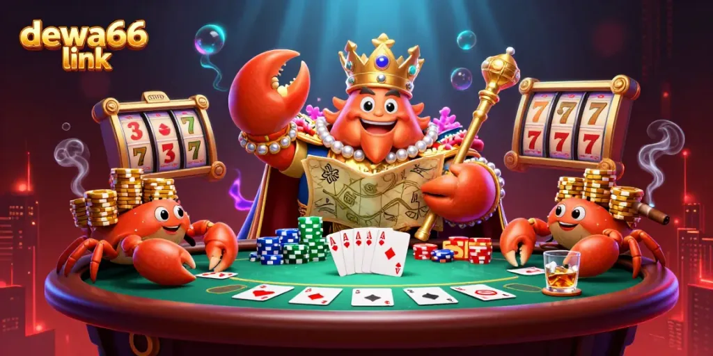 Engage with the thrilling dewa66 link, showcasing a dynamic scene with a golden crab emperor and poker elements.