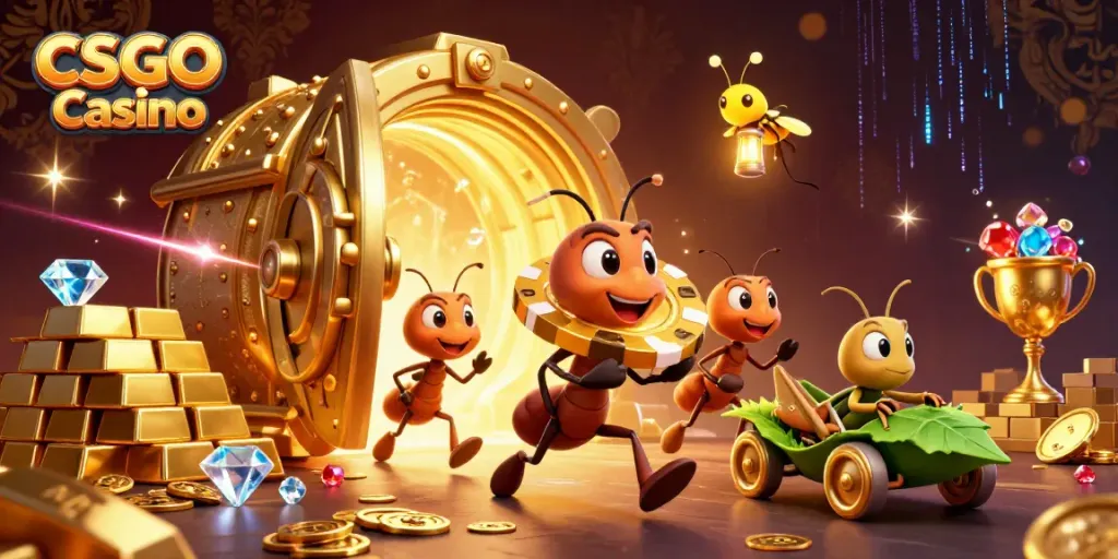 Experience the thrill of the CSGO Casino with ants on a heist through a treasure vault tunnel.