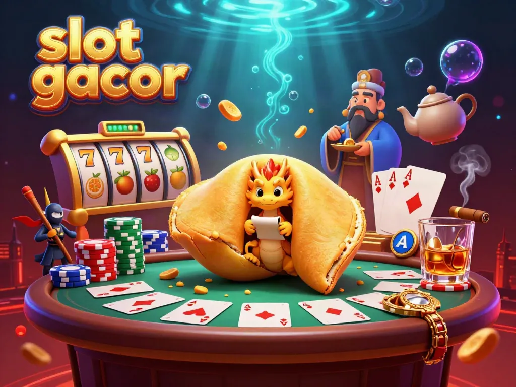 Explore slot gacor's dynamic 3D casino illustration with fortune cookie and dragon.