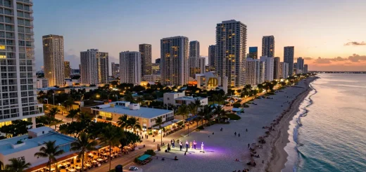 Menampilkan pemandangan indah dari https://miami4d.com/ dengan panorama langit kota Miami saat matahari terbenam.